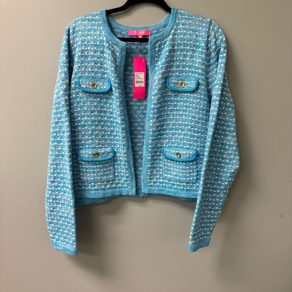 Lilly Pulitzer Sweaters - Lilly Pulitzer Kienna Cardigan in Cumulus Blue Metallic Knit Open Front Size XL
